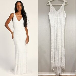 Size L - Lulus Simple Romance White Beaded‎ Sequin Mermaid Maxi Dress